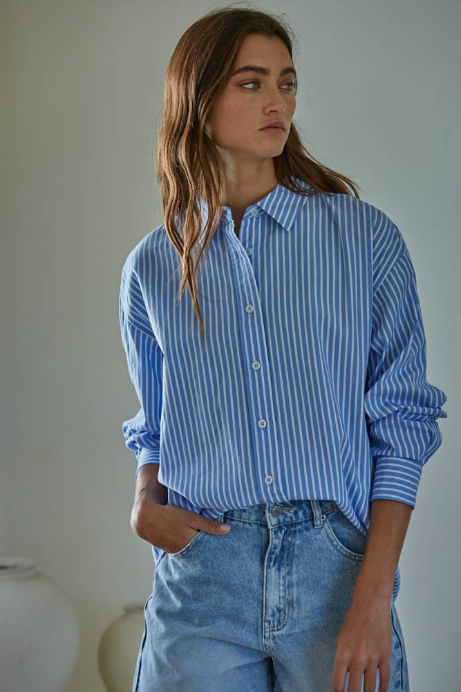 Striped Button Down Collar Neck Shirt Top