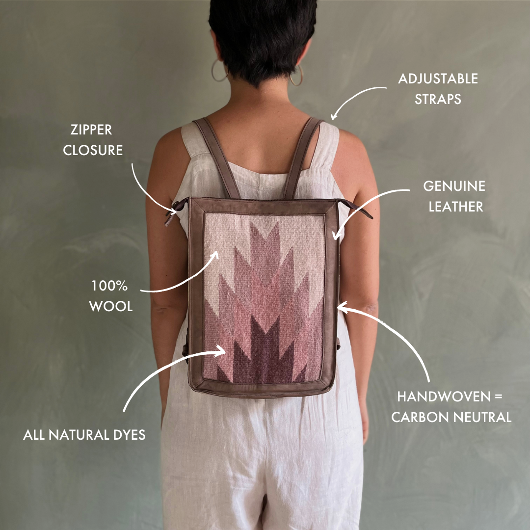 Slim Leather Backpack- Pink Oaxacan Textile- Artisan Made