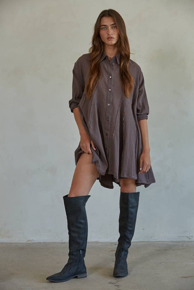 Woven Cotton Long Sleeve Collared Button Down Tunic