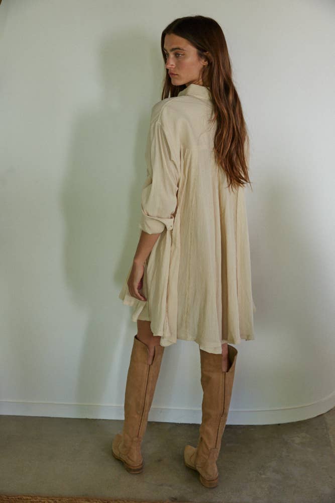 Woven Cotton Long Sleeve Collared Button Down Tunic