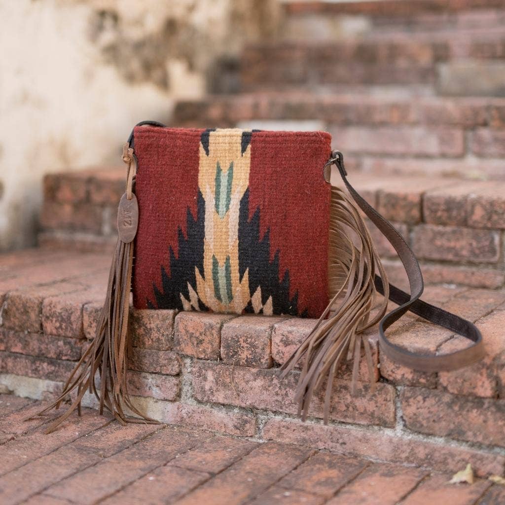 Artisan Made Leather Fringe Bag in Red- Oaxacan Textiles