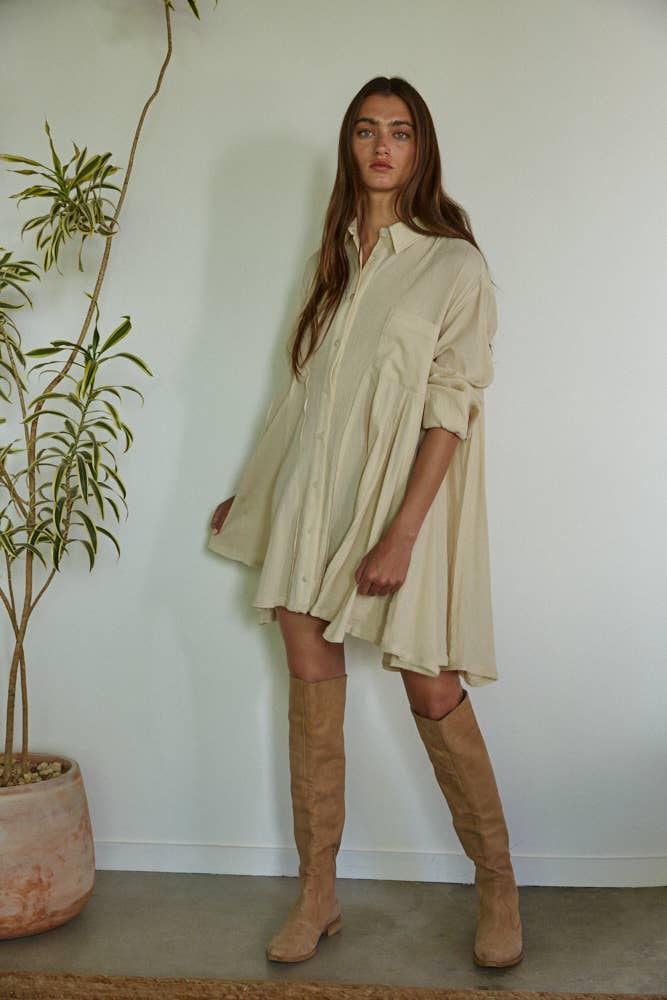 Woven Cotton Long Sleeve Collared Button Down Tunic