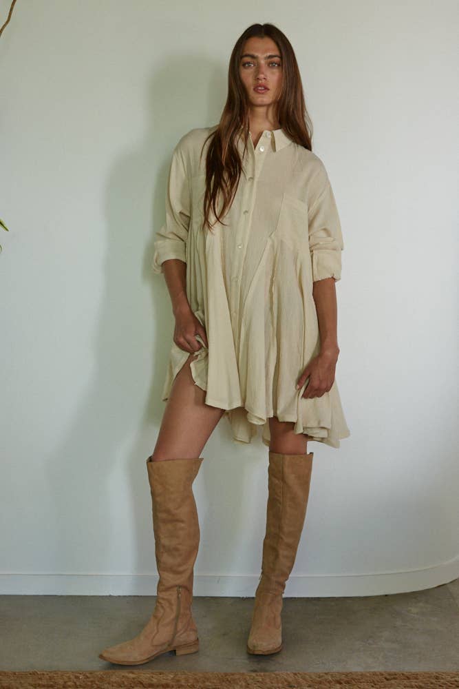 Woven Cotton Long Sleeve Collared Button Down Tunic