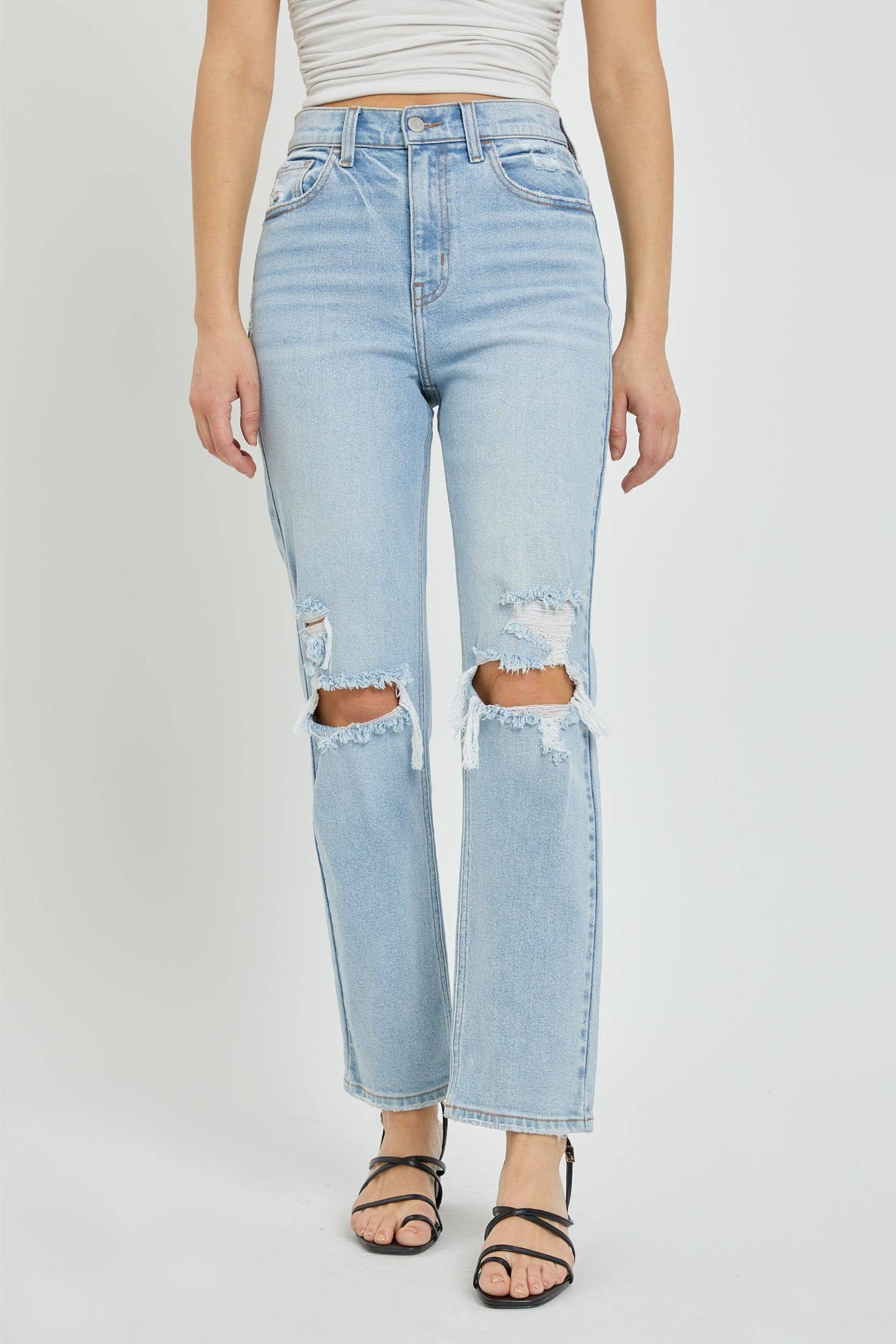 Distressed High Rise Straight Denim jean