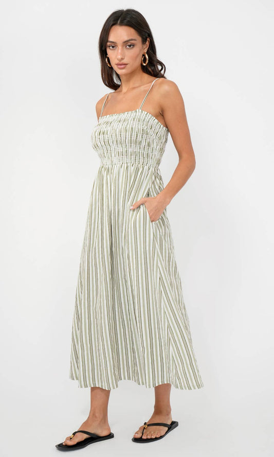 Lanis Stripe Smocking Removable Strap Midi Dress
