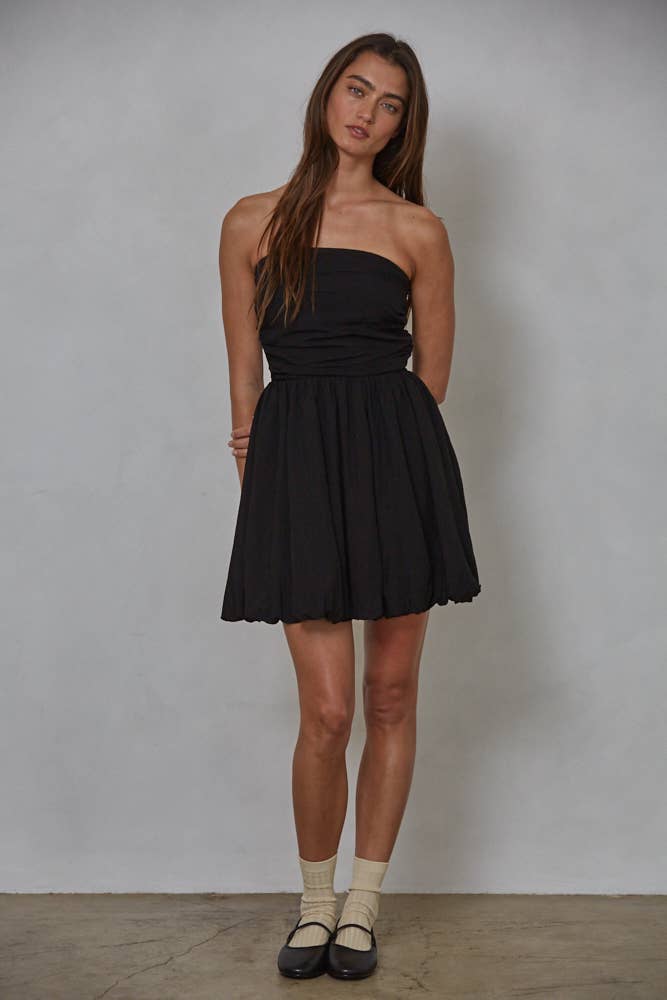 Woven Cotton Nylon Strapless Bubble Mini Dress