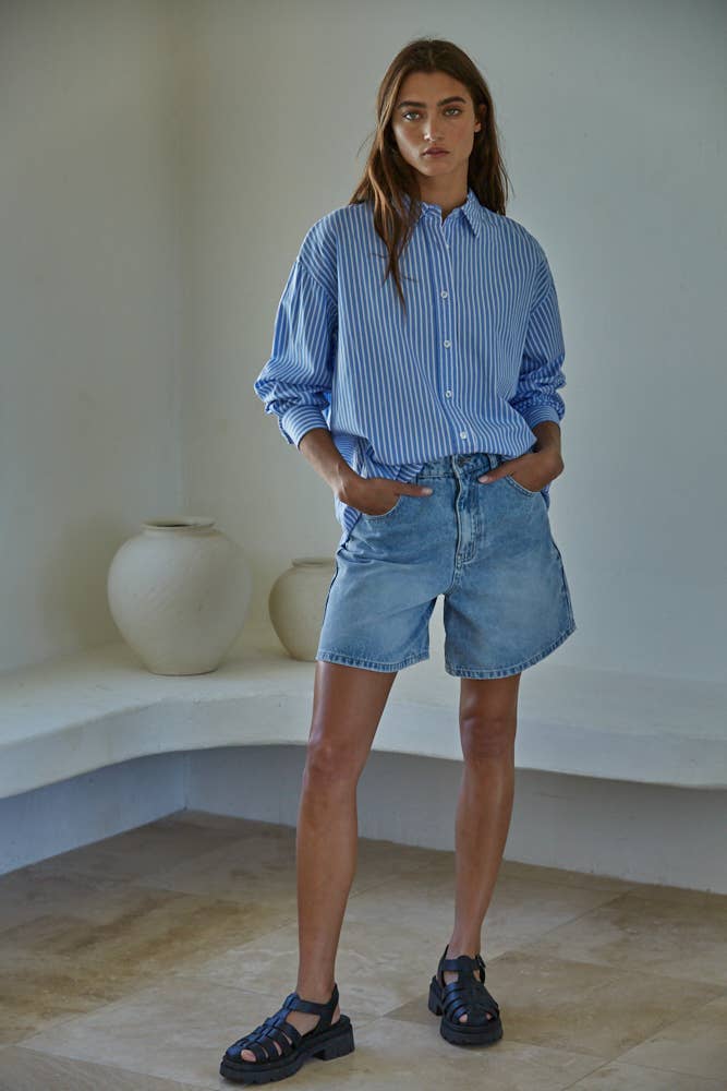 Striped Button Down Collar Neck Shirt Top