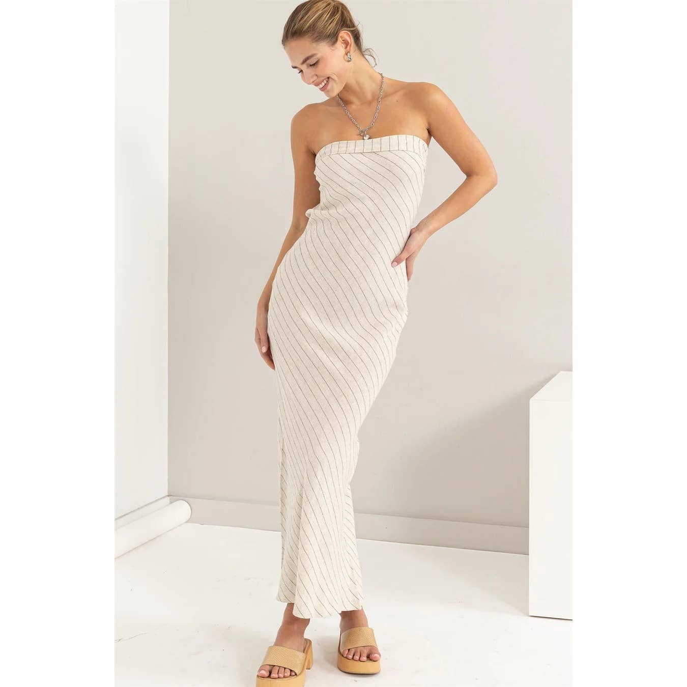 STRIPED LINEN TUBE MIDI DRESS