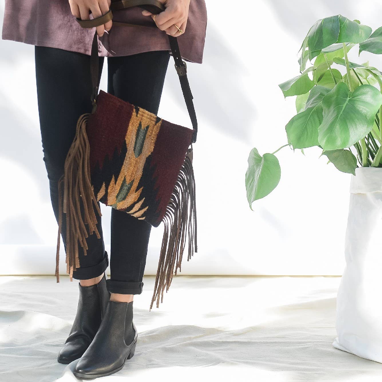 Artisan Made Leather Fringe Bag in Red- Oaxacan Textiles