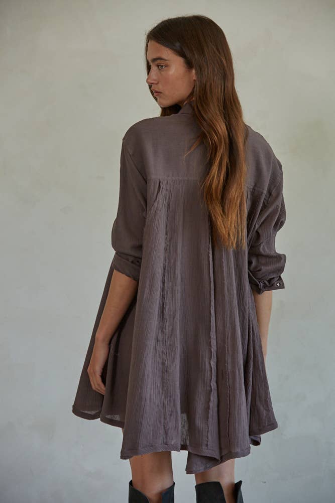 Woven Cotton Long Sleeve Collared Button Down Tunic