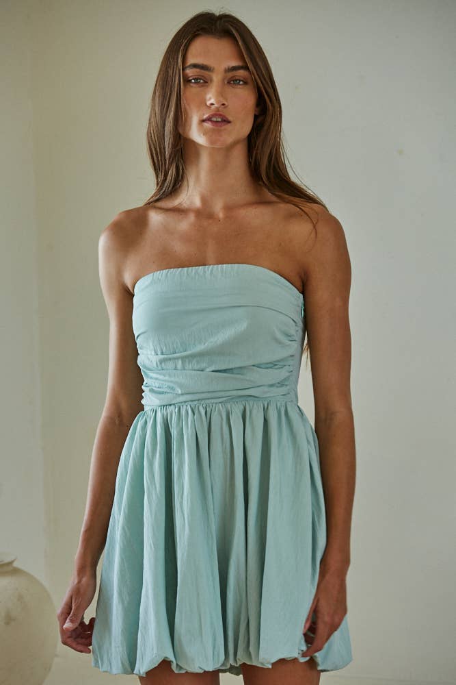 Woven Cotton Nylon Strapless Bubble Mini Dress