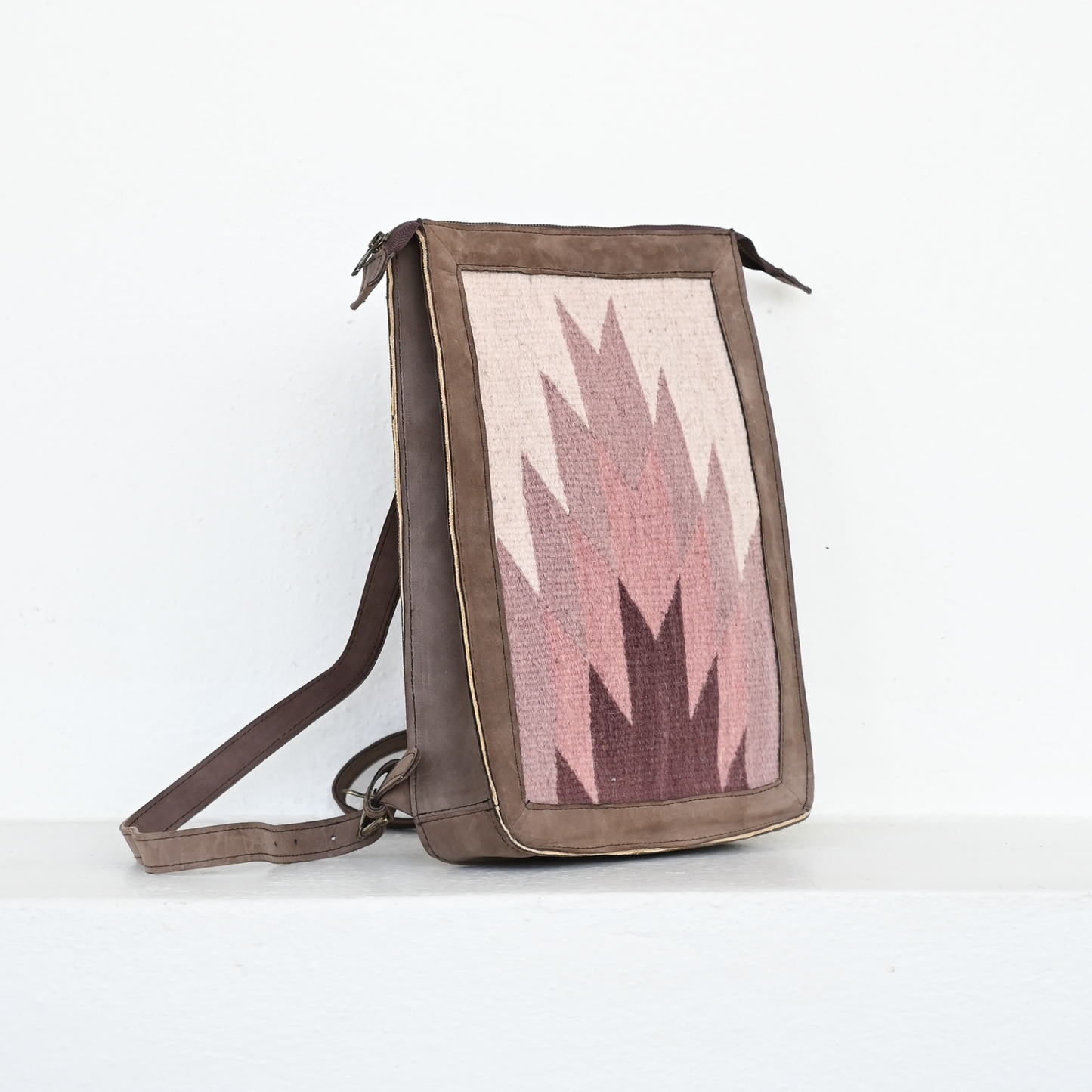 Slim Leather Backpack- Pink Oaxacan Textile- Artisan Made