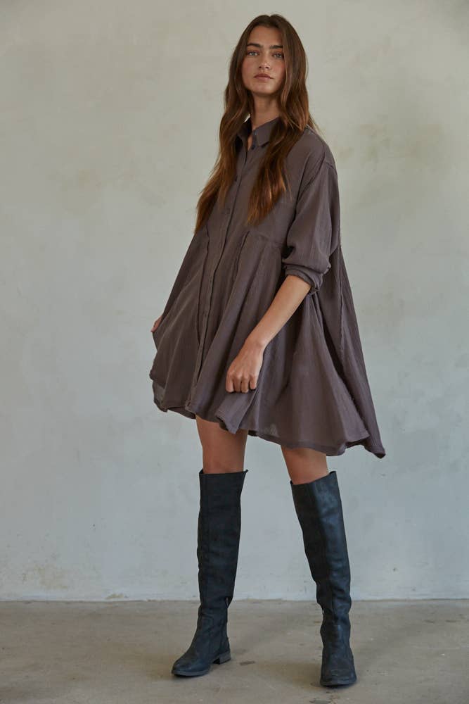 Woven Cotton Long Sleeve Collared Button Down Tunic