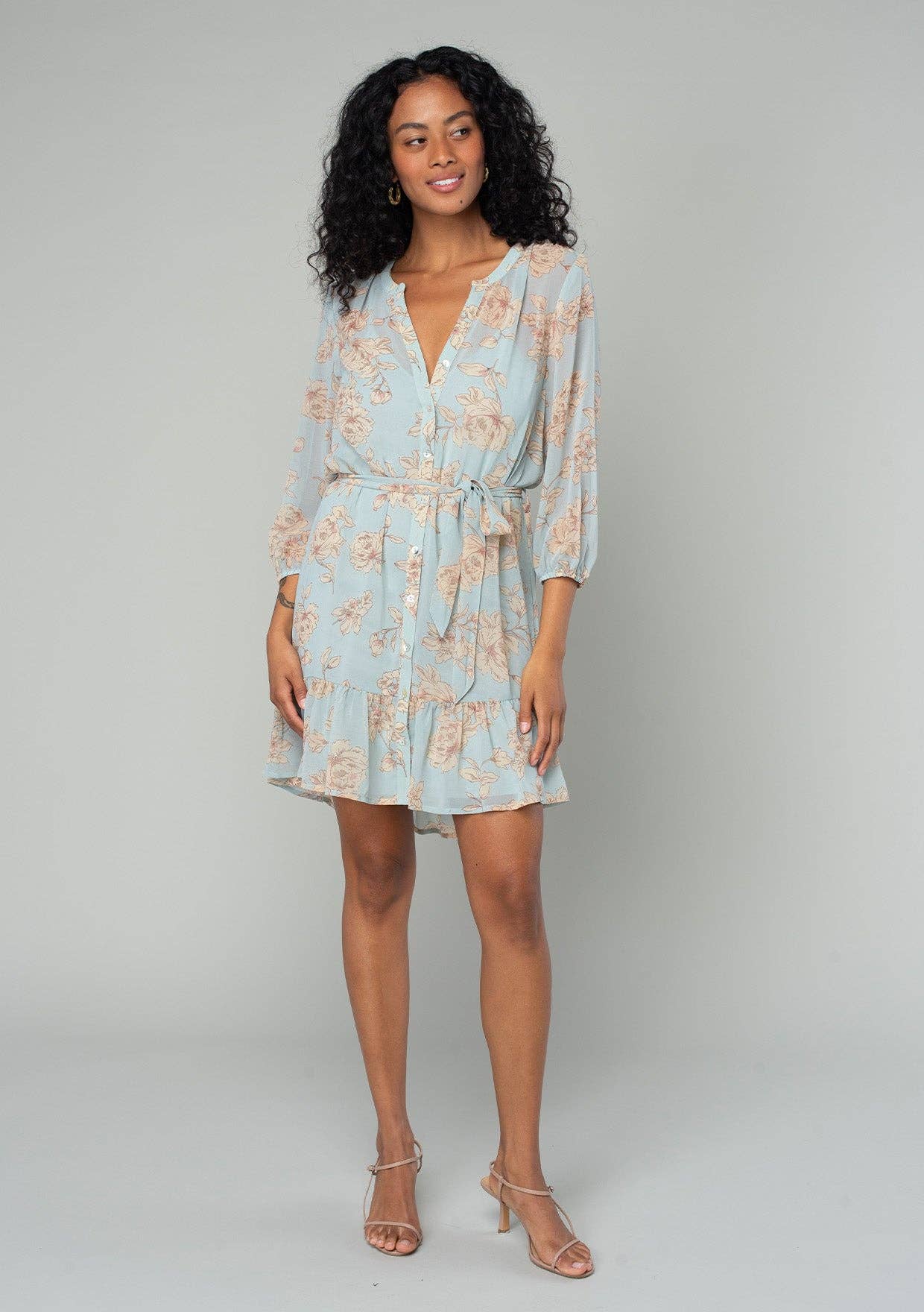 Floral 3/4 Sleeve Belted Button Down Mini Dress