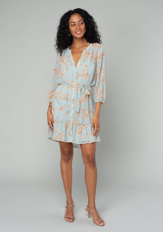 Floral 3/4 Sleeve Belted Button Down Mini Dress