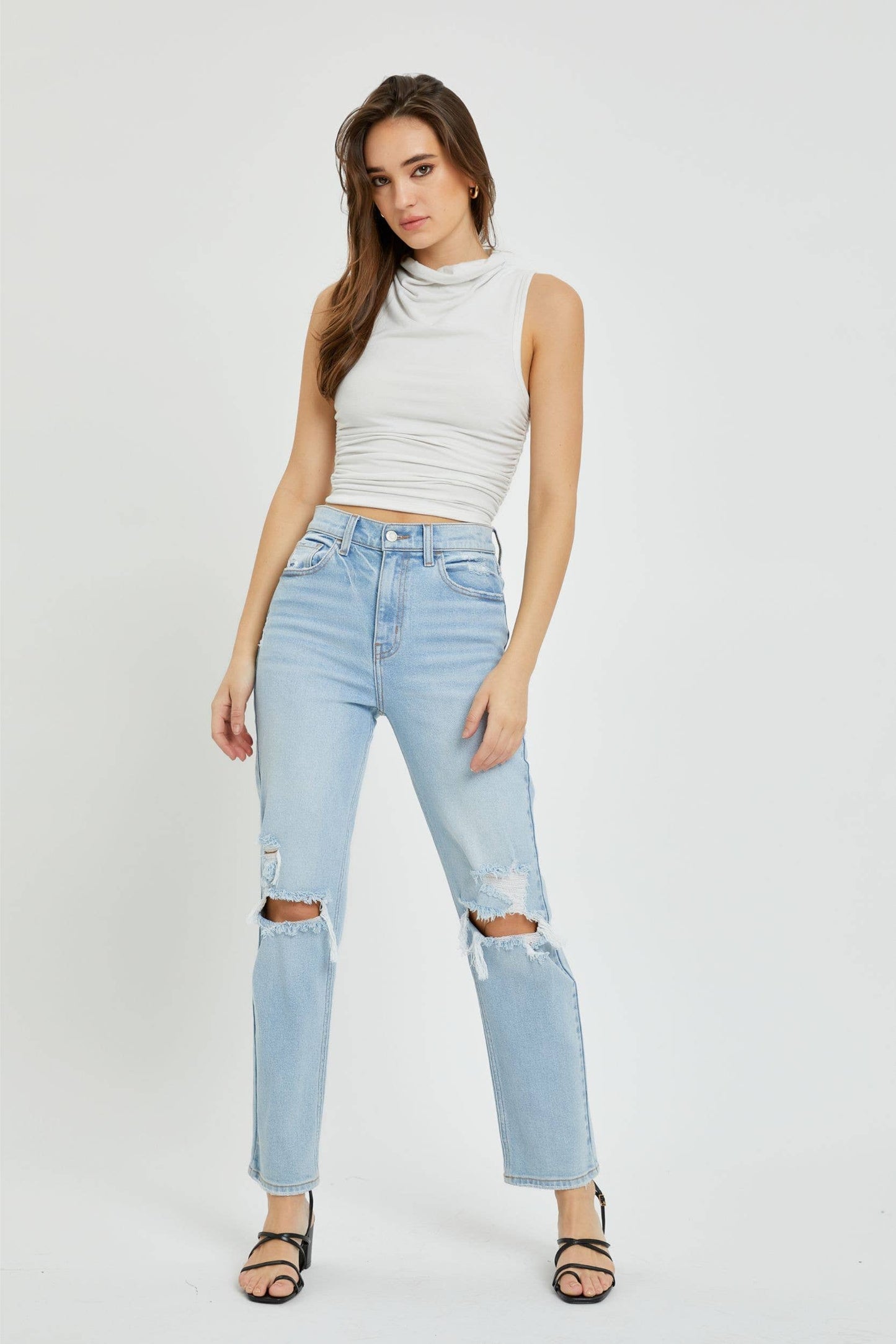 Distressed High Rise Straight Denim jean