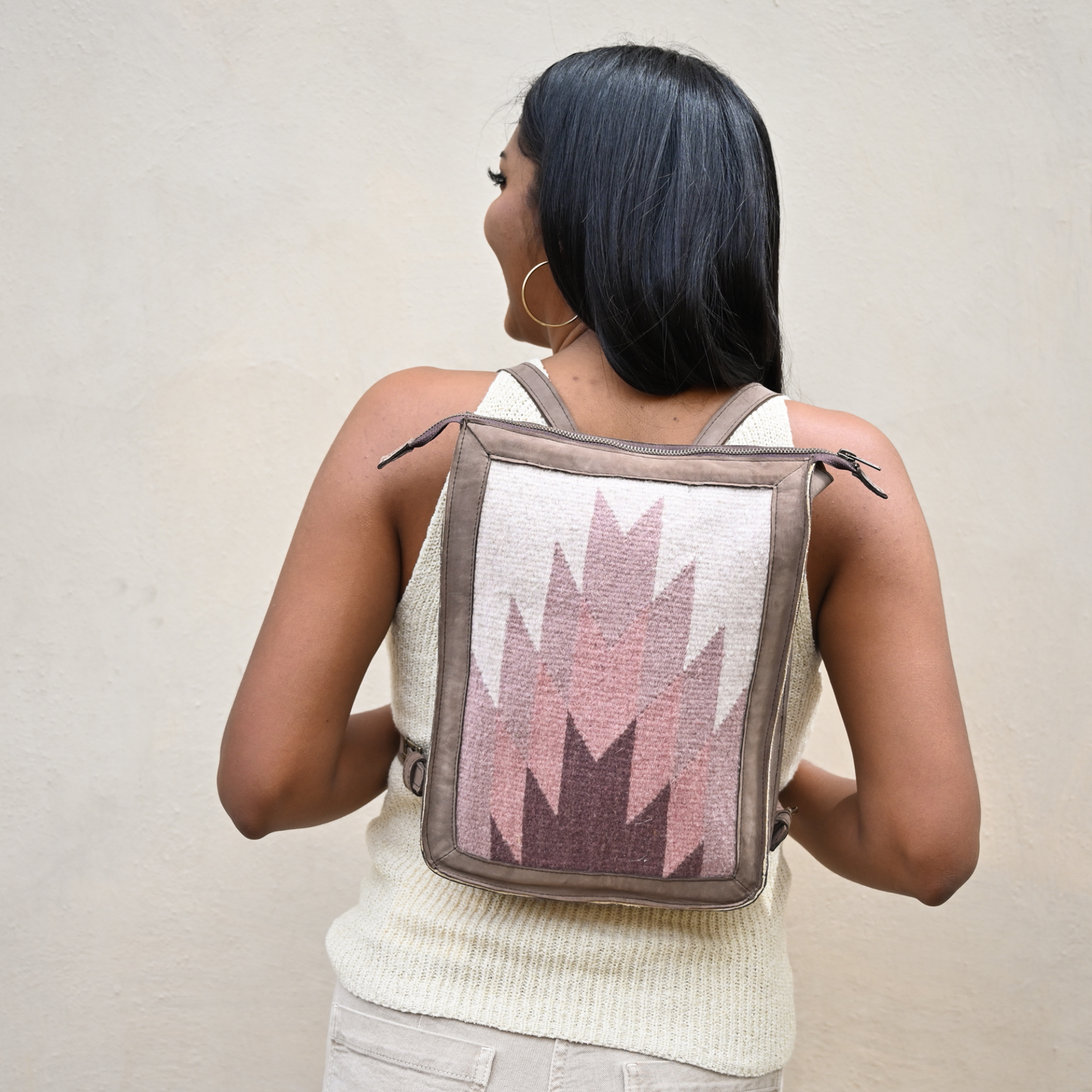 Slim Leather Backpack- Pink Oaxacan Textile- Artisan Made