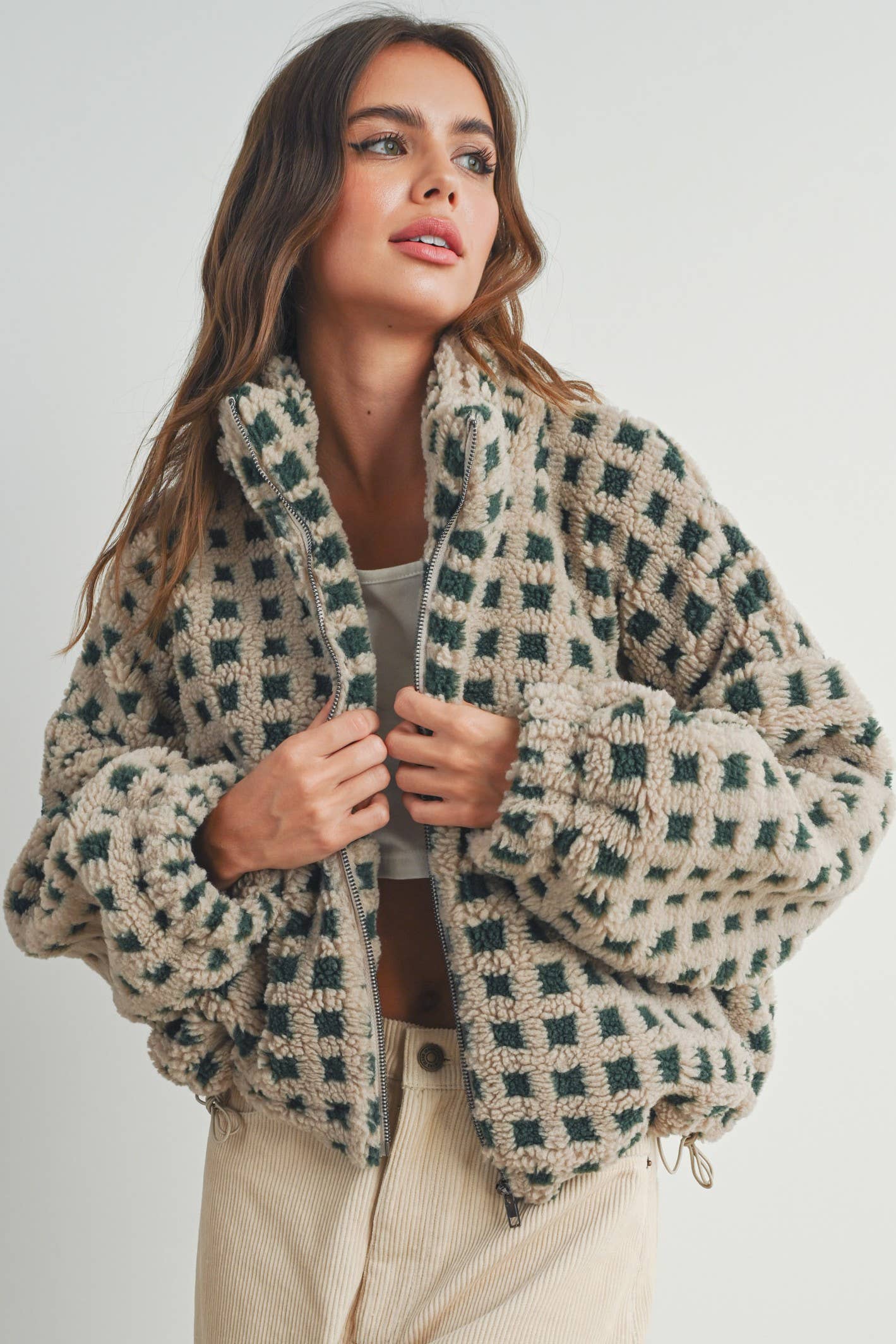Fuzzy Heather Green and Taupe Sherpa Jacket