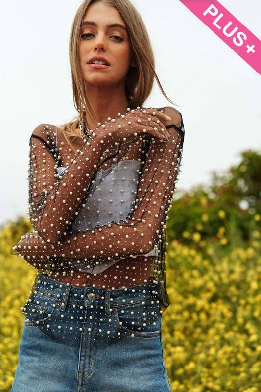 Plus Mesh Pearl & Crystal Embellished Long Sleeve Top