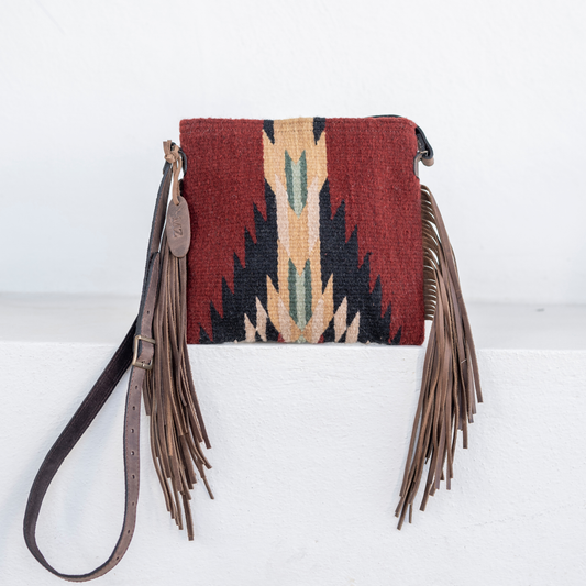 Artisan Made Leather Fringe Bag in Red- Oaxacan Textiles