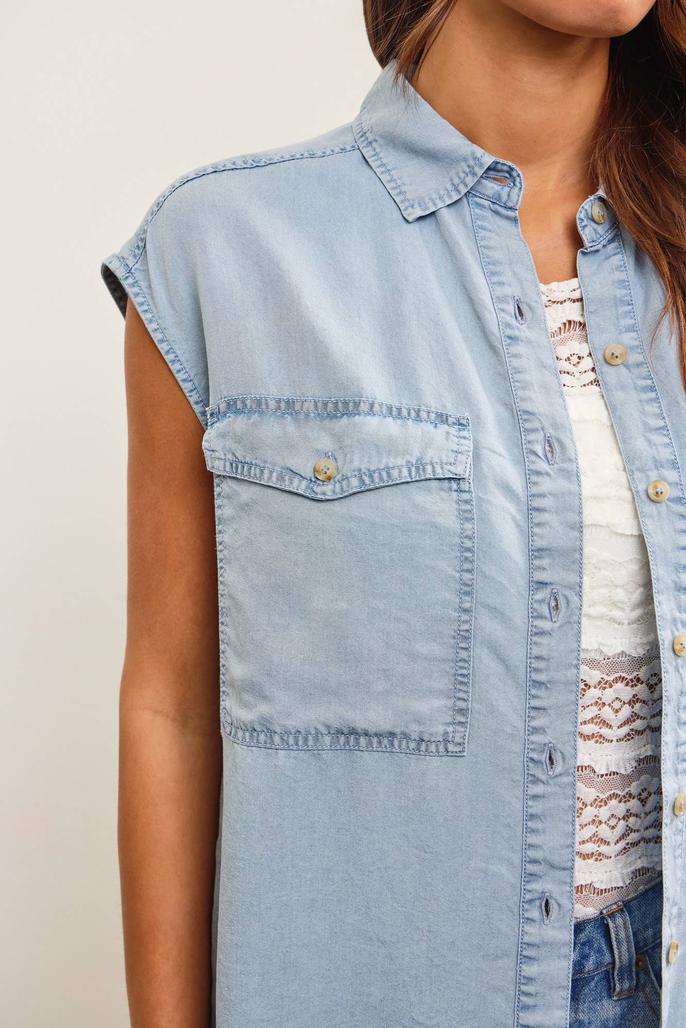 Cap Sleeve Denim Button Up