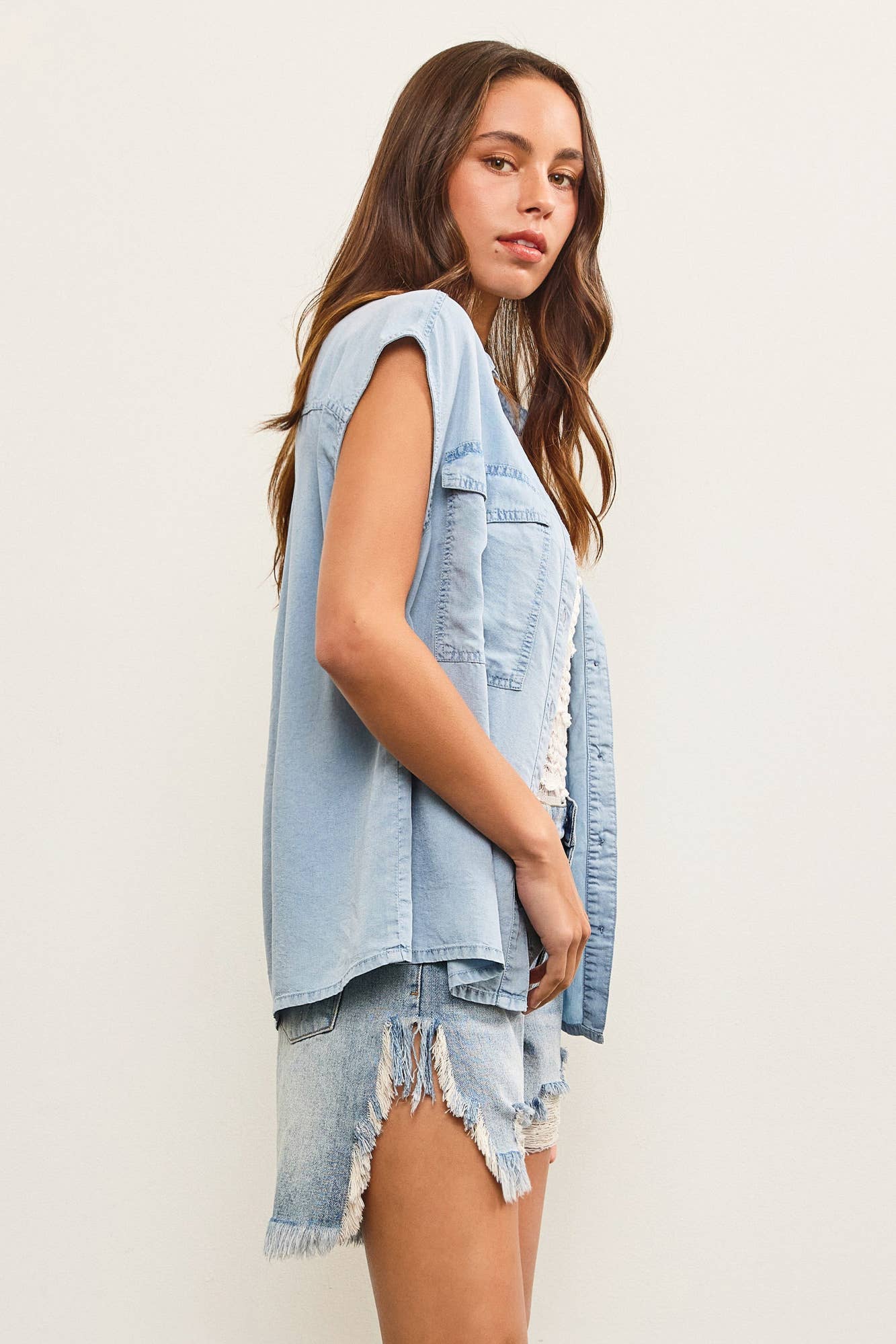 Cap Sleeve Denim Button Up