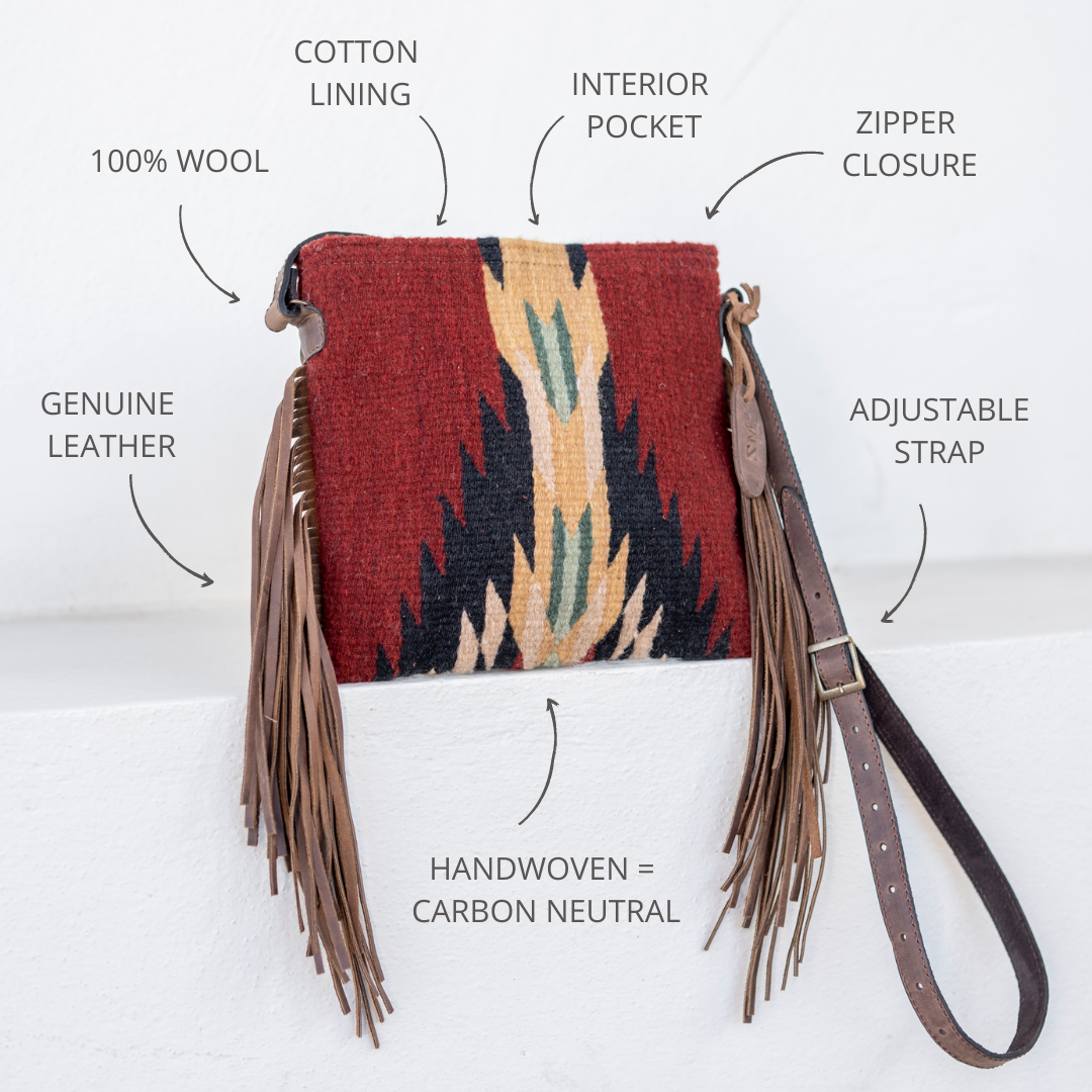 Artisan Made Leather Fringe Bag in Red- Oaxacan Textiles