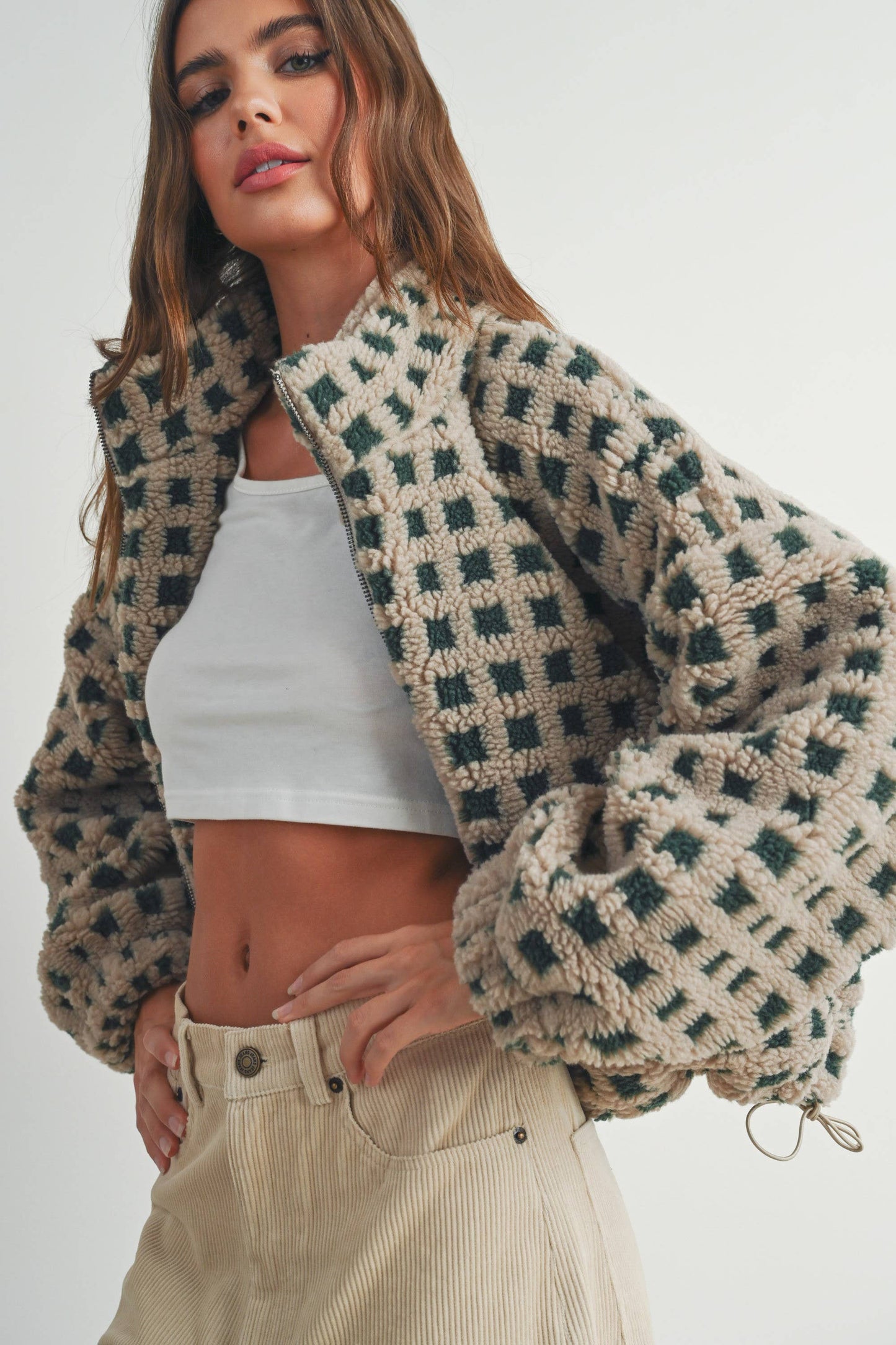 Fuzzy Heather Green and Taupe Sherpa Jacket