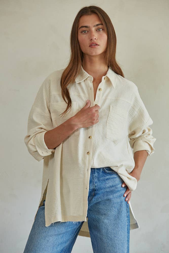 Woven Linen Cotton Long Sleeve Collared Button Down