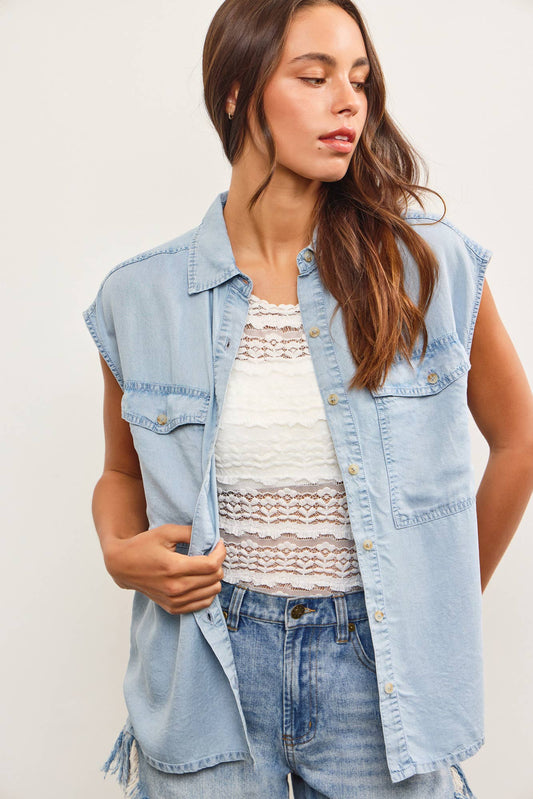 Cap Sleeve Denim Button Up