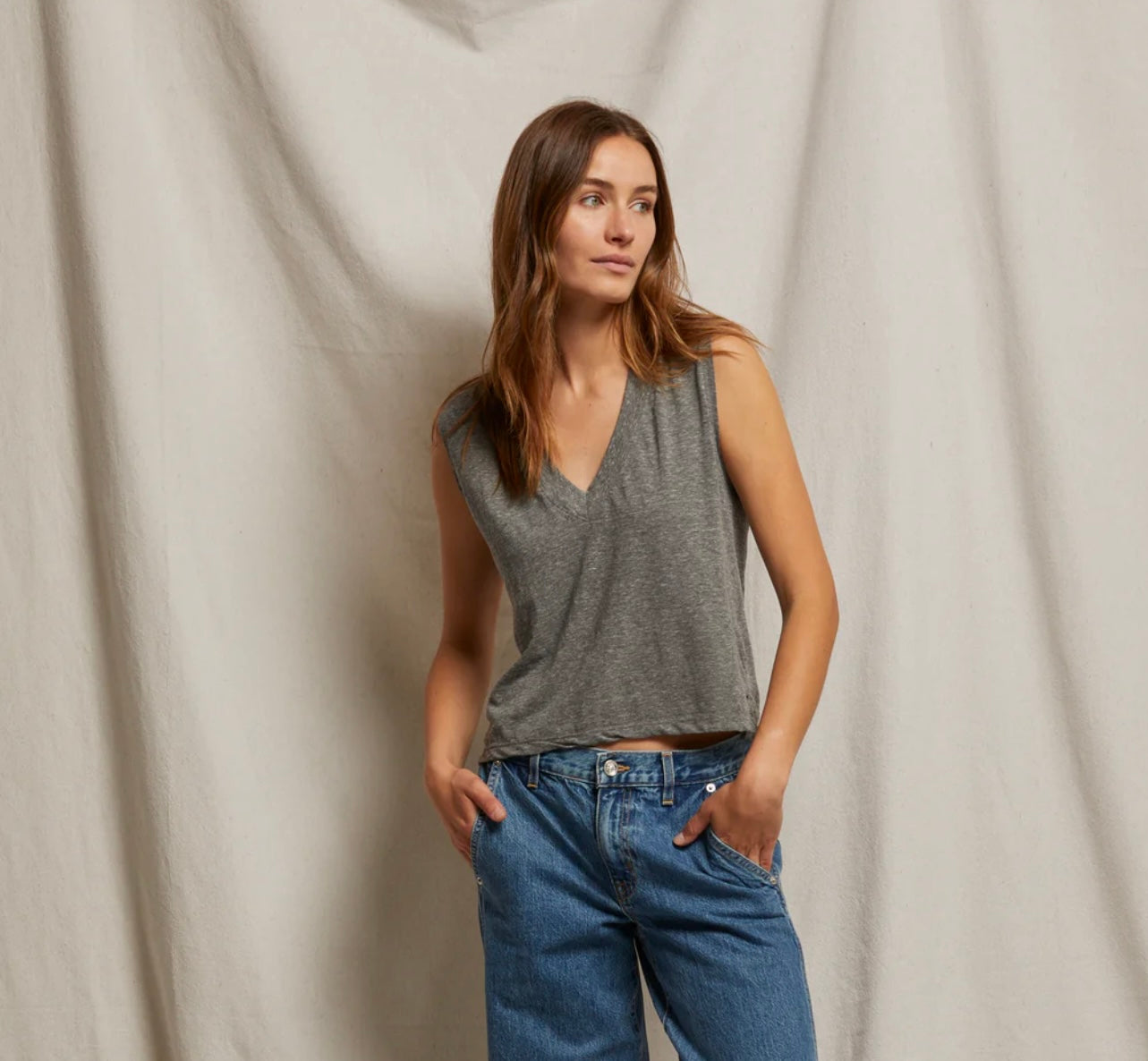 Margot Cotton Sleeveless V Neck Tee