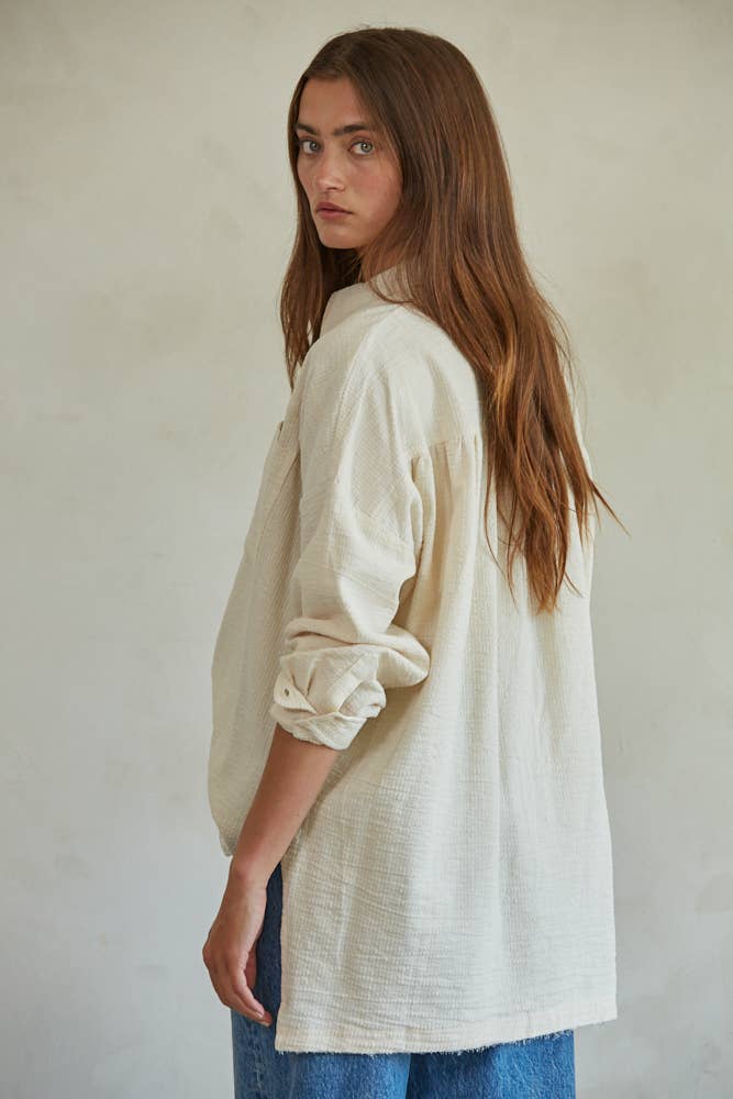 Woven Linen Cotton Long Sleeve Collared Button Down