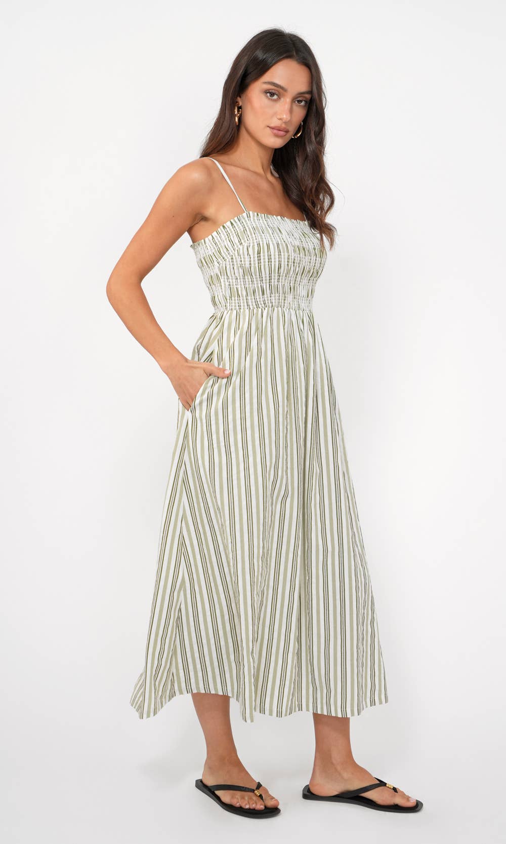 Lanis Stripe Smocking Removable Strap Midi Dress