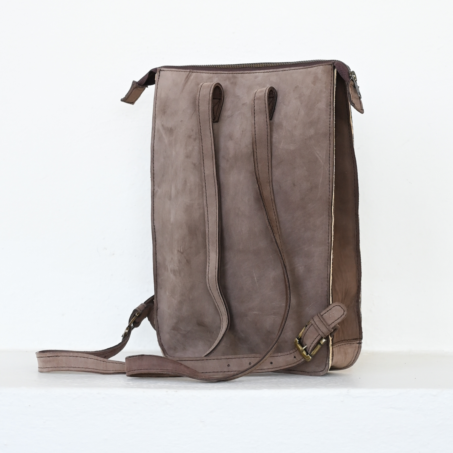 Slim Leather Backpack- Pink Oaxacan Textile- Artisan Made