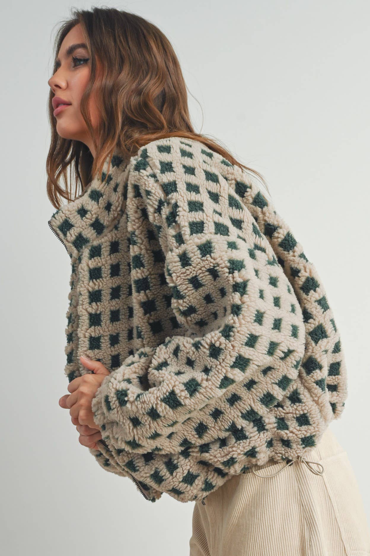 Fuzzy Heather Green and Taupe Sherpa Jacket